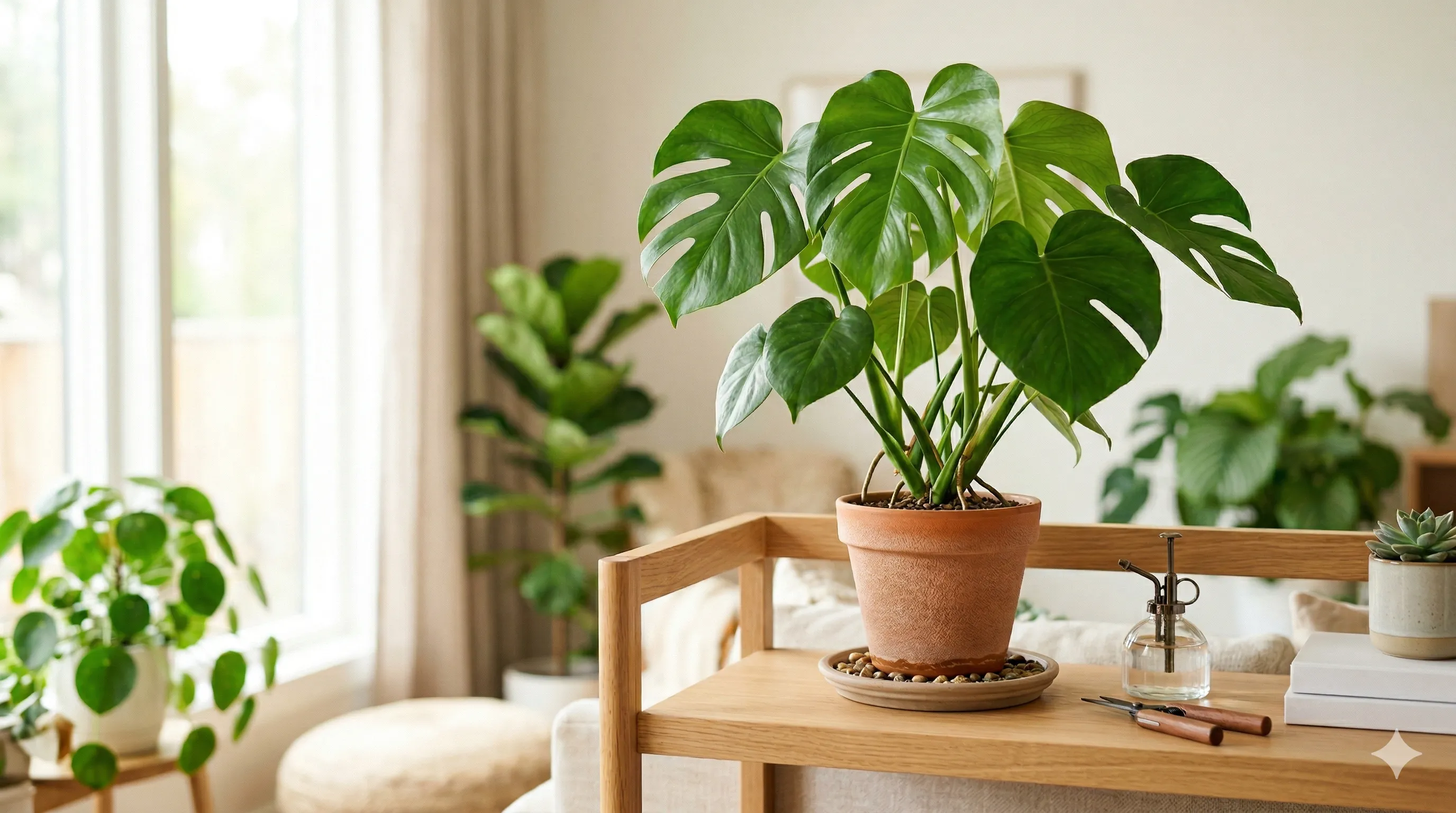 Healthy houseplant with drainage tray